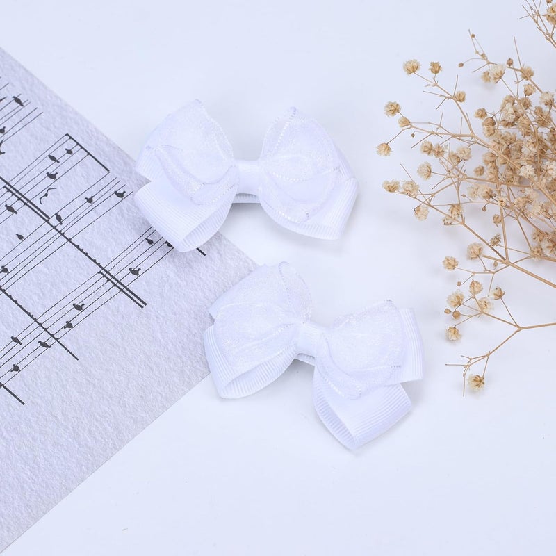 Zolyco Tiny 3 Inch Organza Double Hair Bow Clips - Lined Boutique Alligator Hairpin for Baby Girls, Toddlers, and Little Teens - Kids Barrettes Set of 2 Small Stylish (White) - Image 5